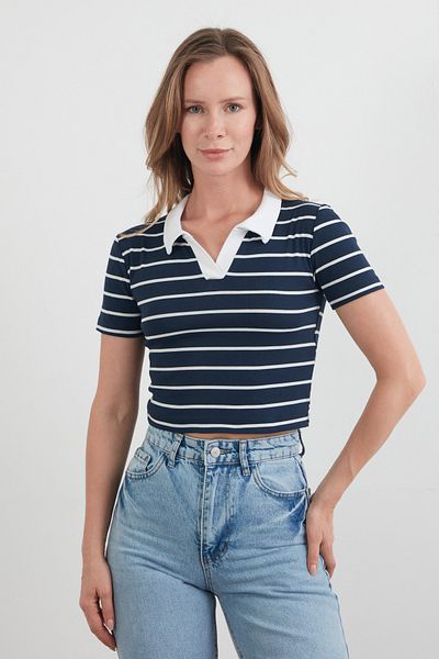 Fulla Moda Striped Polo Neck T-Shirt