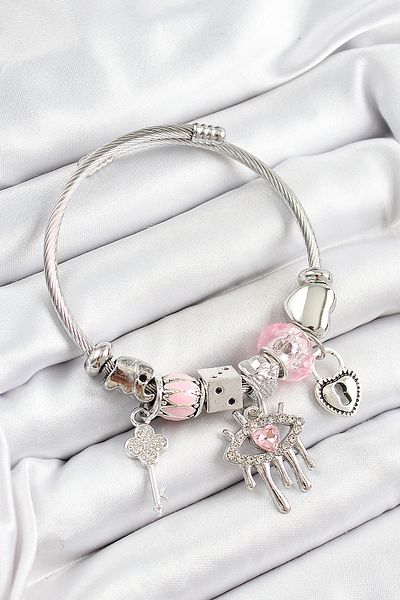 AfraBeauty 316L Stainless Steel Pink Zircon Eye Lock & Key Charm Women Bracelet