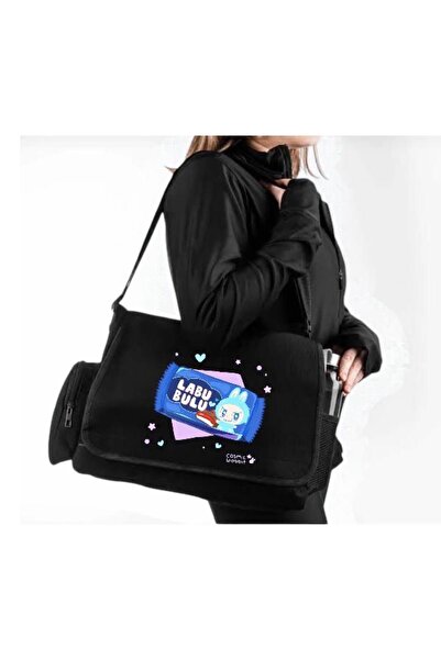 DEEFWEAR Black Labubu Cosmic Wabbit Printed School, Course, Dershane Messenger Bag