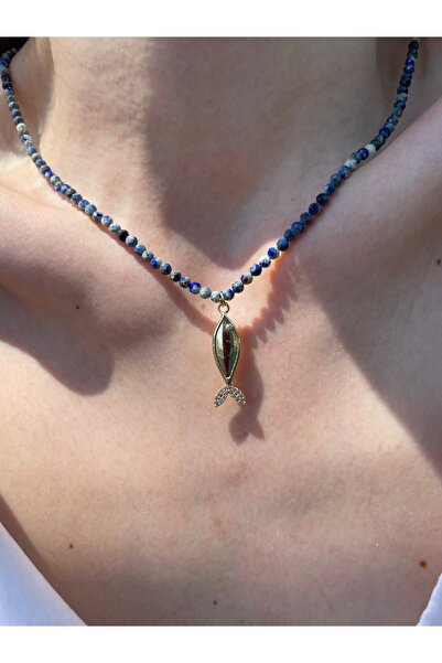 Hora Mavi Apatit Taş Dizili Gold Balık Detaylı Kolye