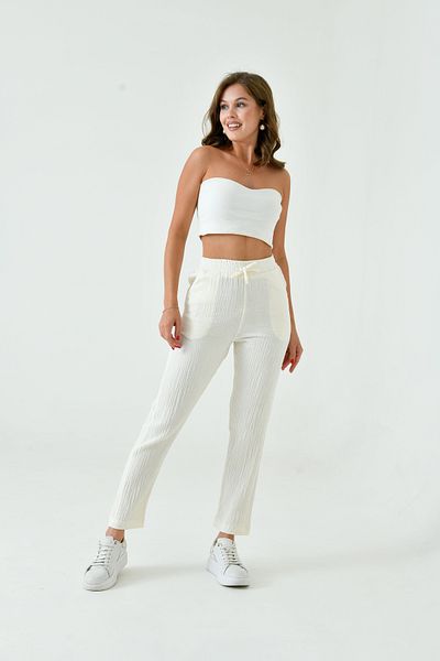 saint majesta Women's Summer Muslin Trousers 100% Cotton Narrow Leg with Pockets (Sm25)