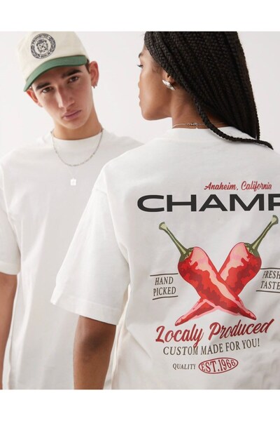 The Champ Clothing Unisex Λευκό Oversize Champ Μπλουζάκι με γραμμένο πίσω μέρος με στάμπα πιπεριάς