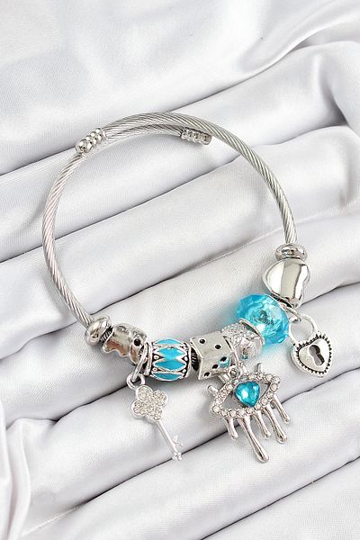 AfraBeauty 316L Stainless Steel Blue Zircon Stone Eye Lock Key Charm Bracelet