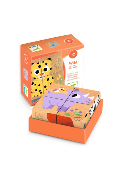 djeco Puzzle din cuburi de lemn Animale salbatice, Djeco, editie actuala