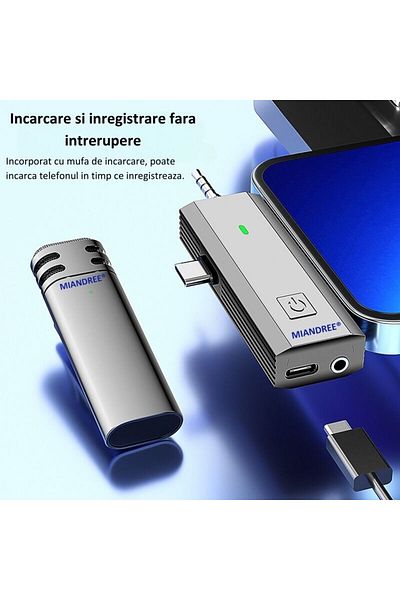 MIANDREE Set 2 Microfoane Profesionale Lavaliera, MIANDREE®, USB C, 3.5 Jack, Lightning, WiFi, 2.4 GHz