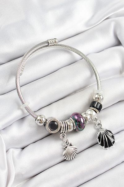 AfraBeauty 316L Stainless Steel Black Oyster Model Charm Bracelet |   Female, Silver