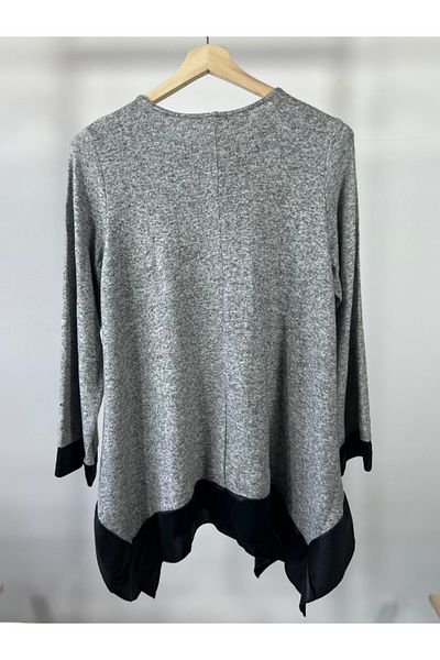 Damla Plus Size Soft Textured Leather Detail Crew Neck Long Sleeve Blouse