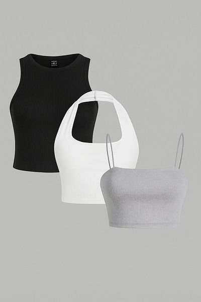 ÖZ PAMUK Women's 3-Piece Ribbed Cotton Crop Knitted Camisole Tank Top, Strap Tank Top, Full-Length Strap Blouse