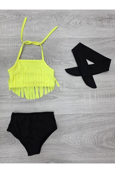 Lolliboomkids Girl's Neon Yellow Color Tasseled Bikini Set with Bandana Set of 3