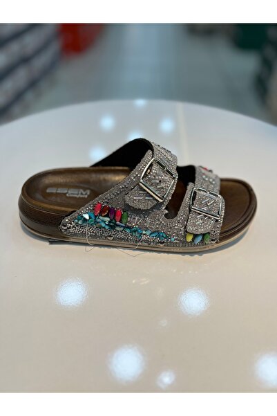 Akınal Bella Κομψές γυναικείες φλατ παντόφλες Esem με διπλή πόρπη και πέτρες