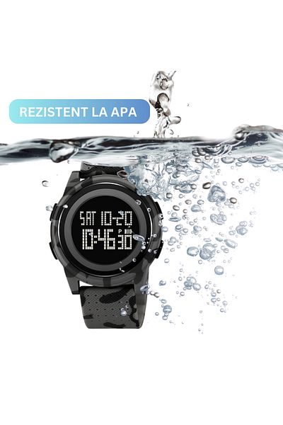 AZ PRODUCTS Ceas Copii 9+, LED, Cronometru, Alarmă, Rezistent la Apă, Curea Confort – Camo Gri