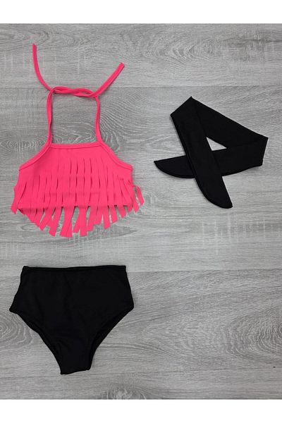 Lolliboomkids Girl's Neon Pink Color Tasseled Bikini Set with Bandana Set of 3