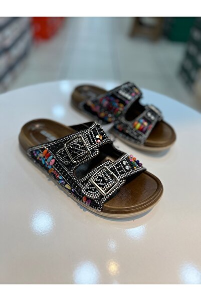 Akınal Bella Esem Double Buckle Stone Stylish Women's Flat Slippers