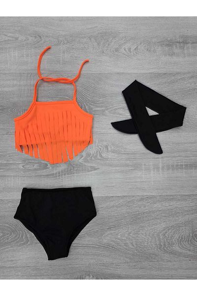 Lolliboomkids Girl's Orange Color Tasseled Bikini Set with Bandana Set of 3