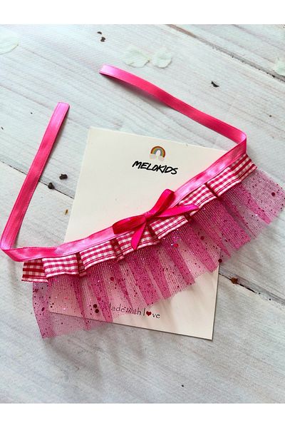 THE İLKİN TOKA Pink Tulle Gingham Patterned Design Cat Collar and Small Breed Dog Collar