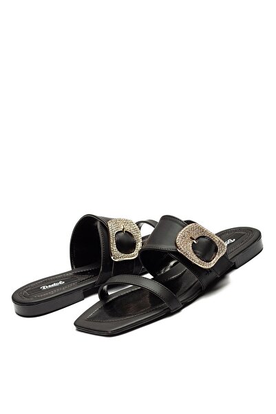 Dedos Papuci de damă cu talpă din piele cu cataramă de piatră NEGRU 13005