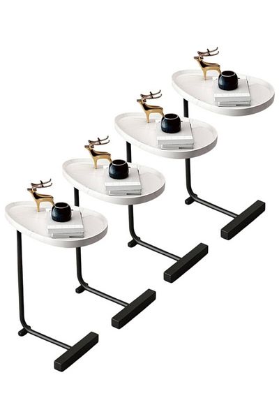 Generic 4-Pieces Modern Coffee Table | C-Shaped Side Table with White Wood Top and Black Metal Frame