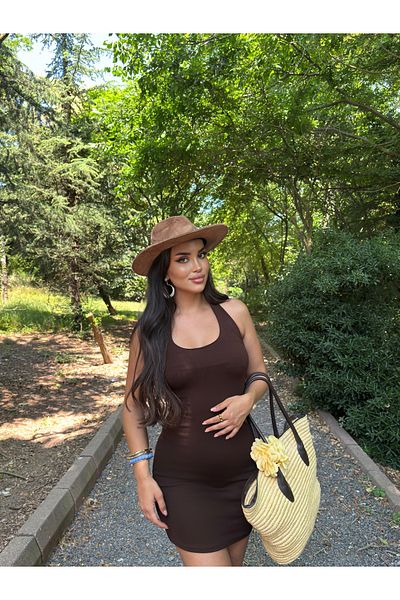 mekabutik Brown Halter Neck Basic Dress