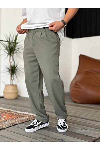KAİZER DENİM Baggy Pileli Haki Renk Kumaş Pantolon