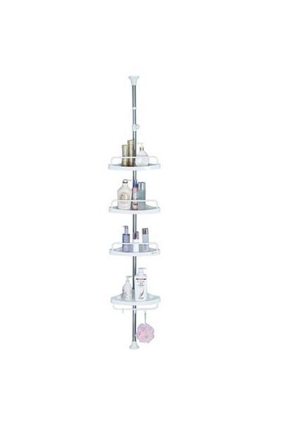 coshop Adjustable corner shelf for bathroom, 4 shelves, towel rack, hooks, adjustable height 100-260cm