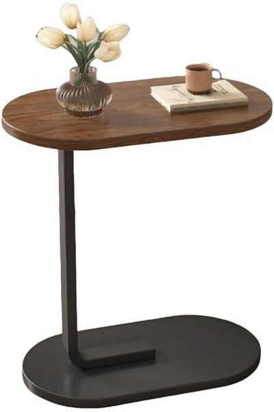 Generic 2-Pieces Modern Coffee Table | C-Shaped Side Table with Brown Wood Top and Black Metal Frame