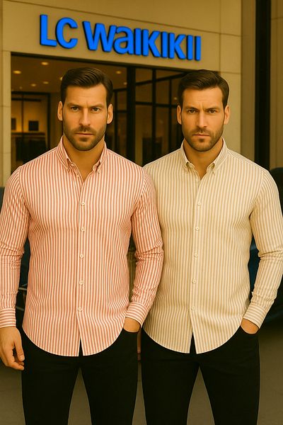 LC Waikiki 100% Organic Cotton Premium Quality Luxury New Season Striped Buttoned Men's Style Shirt 2-Piece