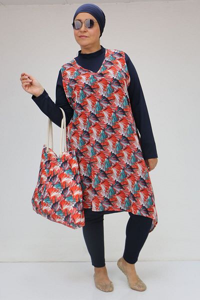 Eslina 1723 Plus Size Long Sleeve Chiffon Pareo Hijab Swimsuit Set - Leaf Pattern Orange
