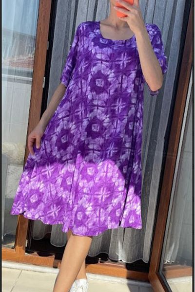 AYASOFYA OTANTIK Women's Purple Round Neck Pocket Retro Pattern Short Sleeve Loose Midi Dress