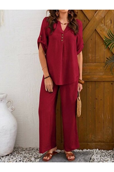 Modayakamoz Γυναικείο κοντομάνικο V γιακά με κουμπιά μπλούζα και παντελόνι διπλό κοστούμι