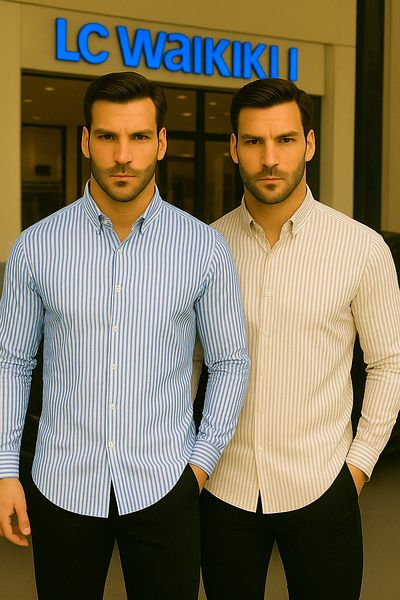 LC Waikiki 100% Organic Cotton Premium Quality Luxury New Season Striped Buttoned Men's Style Shirt 2-Piece