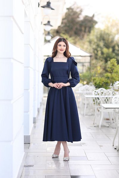 KADNER Women's Dark Blue Square Collar Bow Detail Pera Evening Dress