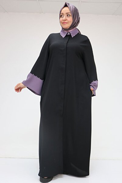 Eslina 56008 Large Size Sleeve Garnished Etamin Abaya Ferace - Black-Lilac