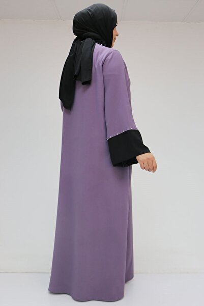 Eslina 56008 Large Size Sleeve Garnished Etamin Abaya Ferace - Lilac-Black