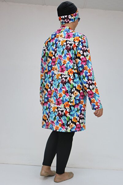 Eslina 1727 Large Size Long Sleeve Hijab Swimsuit Set - Mixed Pattern Blue