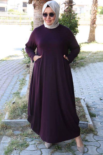 Eslina 52004 Large Size Pocket Striped Combed Cotton Dress - Plum