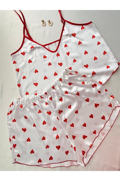İNKO İÇ GİYİM Red Heart Satin Adjustable Strap Shorts Pajama Set