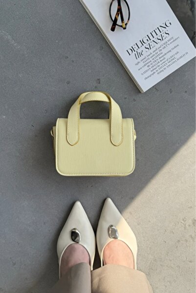 LEONAS Small Size Women's Hand and Shoulder Bag with Stitching Detail Wora Yellow