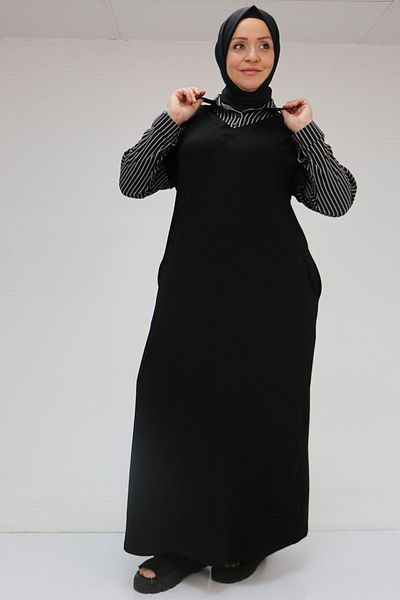Eslina 52018 Large Size Collar and Sleeves Combination Combed Cotton Dress - Black-Black