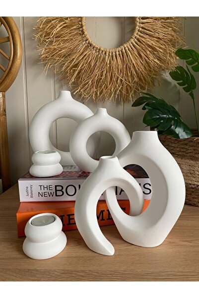 Porselian Set decorativ de 6 vaze din ceramică boemă și suporturi pentru lumâ...