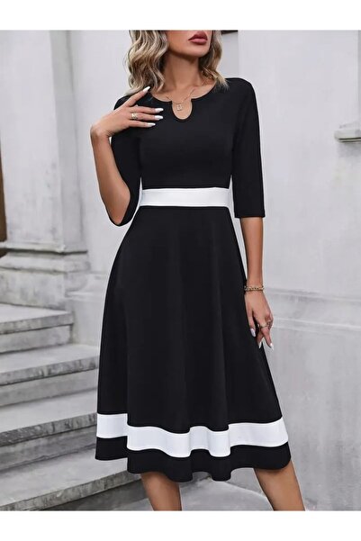 ETİLER COLLECTION Women's Truvakarkol Collar Open Color Block Crepe Midi Dress