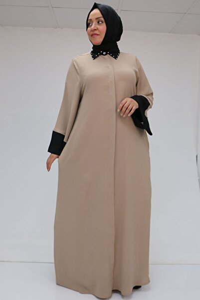 Eslina 56008 Large Size Sleeve Garnished Etamin Abaya Ferace - Black-Mink