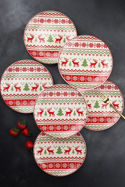 Porselen Diyarı Red Deer Red Deer 6 Piece Ceramic 21 cm Cake Plate