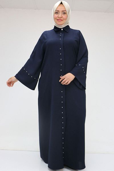 Eslina 56009 Large Size Sleeve Garnished Etamin Abaya Ferace - Navy Blue