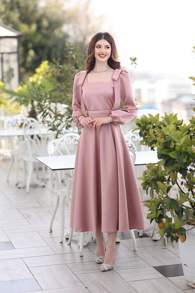 KADNER Women's Dry Rose Square Collar Bow Detail Pera Evening Dress