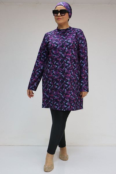 Eslina 1727 Large Size Long Sleeve Hijab Swimsuit Set - Butterfly Pattern Purple