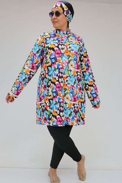 Eslina 1727 Large Size Long Sleeve Hijab Swimsuit Set - Mixed Pattern Blue