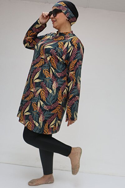 Eslina 1727 Large Size Long Sleeve Hijab Swimsuit Set - Leaf Pattern Mustard