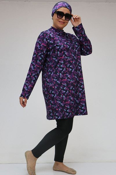 Eslina 1727 Large Size Long Sleeve Hijab Swimsuit Set - Butterfly Pattern Purple
