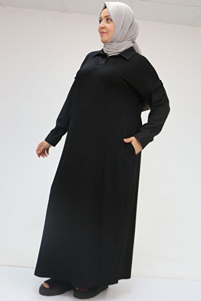 Eslina 52009 Large Size Sleeve and Collar Garnished Combed Cotton Dress - Black-Black