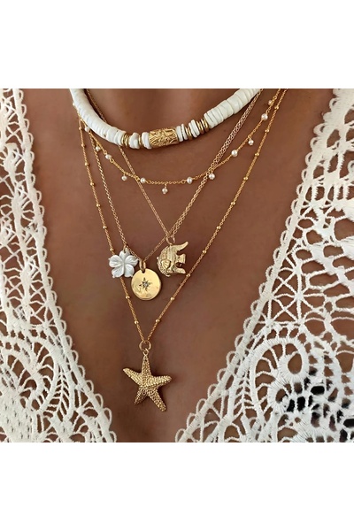 GlassySKY قلادة متعددة الطبقات على الطراز العتيق، مجوهرات عصرية لقضاء عطلة ال...